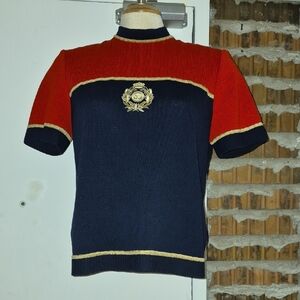 St. John Red Knit Top Gold Crest Logo Embroidery Zip Size S Small